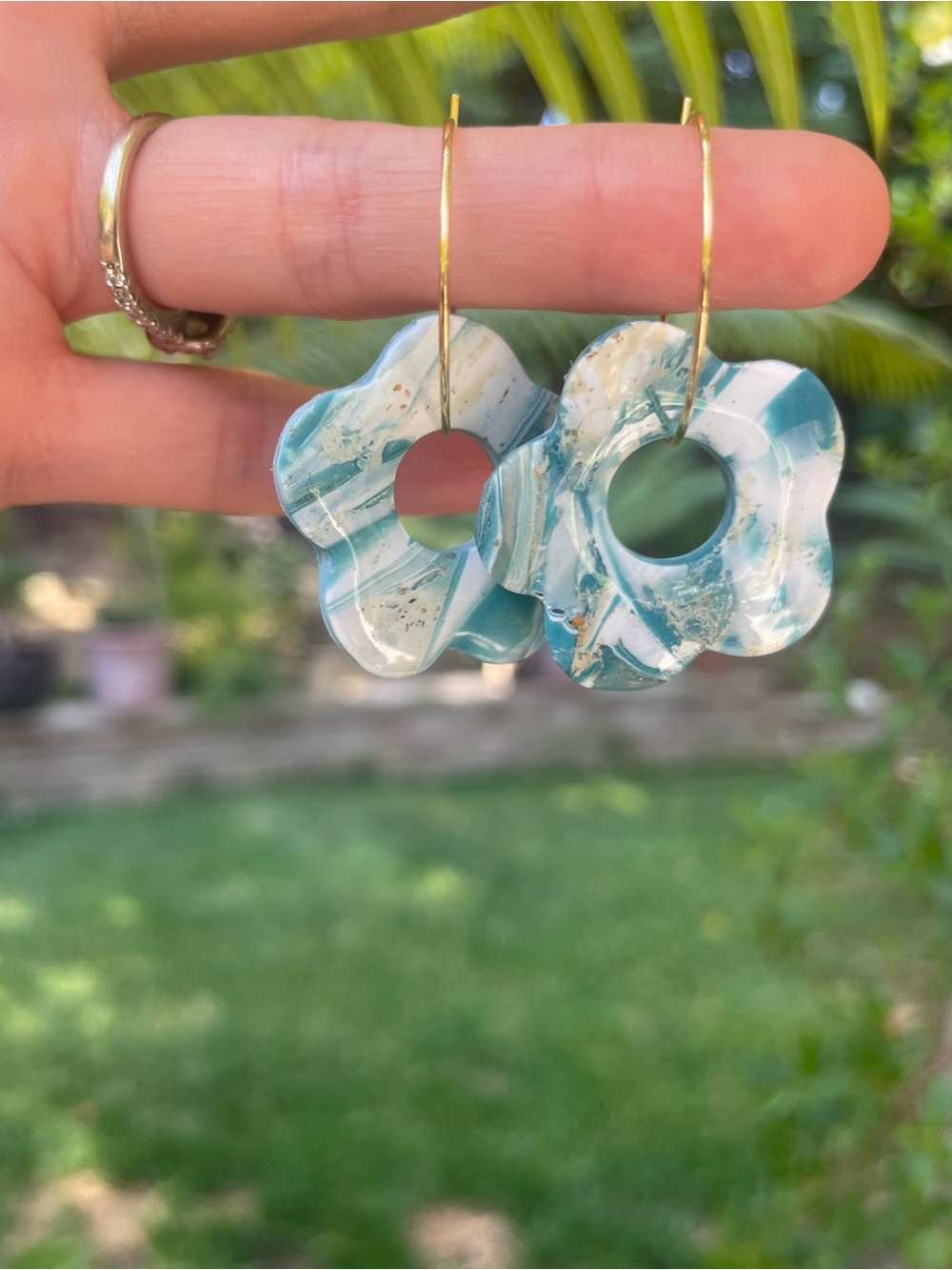 Handmade By Penny Clay Co Teal Marble Flower Hoop Earrings | Polymer Clay